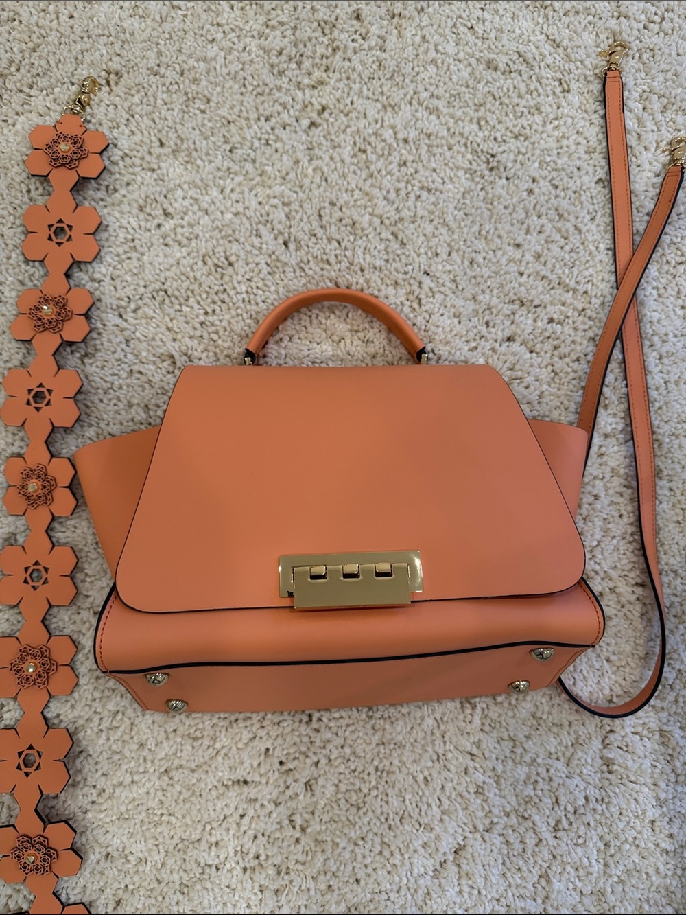 Zac Posen Coral Orange Top-Handle Satchel with Floral Strap